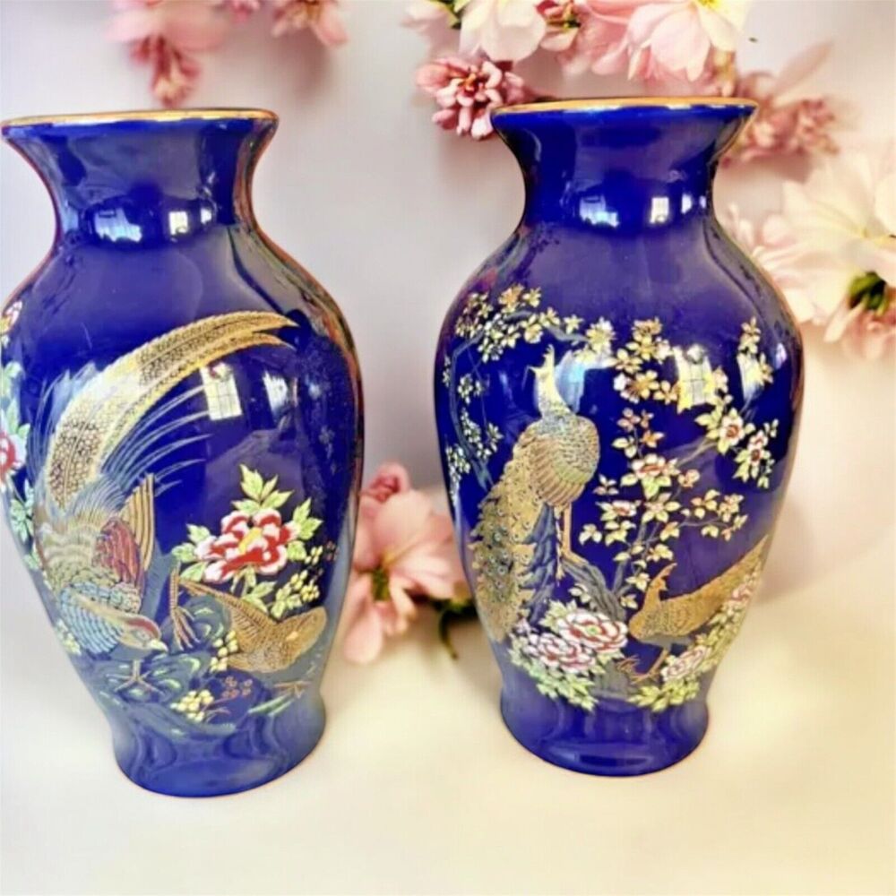 Vintage Pair of Peacock Vases - Japan 1960s Cobalt Blue with Gold Accents